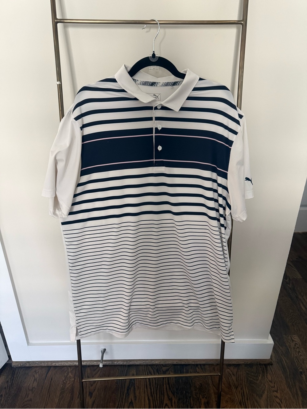 Puma Men’s White and Navy Striped Golf Polo Shirt Size XL